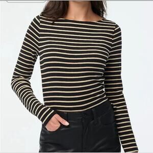 J Crew Striped Boatneck Tee Metallic Black Gold Stripe Long Sleeve Top Medium